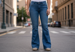 Osoba w jeansach bootcut stojąca na miejskiej ulicy, naturalne światło podkreśla fakturę denimu.