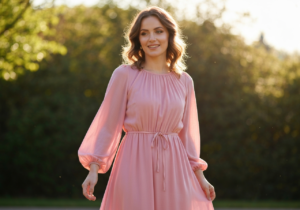 Kobieta w pastelowej sukience stoi na tle zieleni w słoneczny wiosenny dzień.