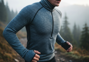 Osoba w nowoczesnej odzieży termoaktywnej idąca szlakiem górskim, oddychająca widocznym powietrzem w chłodzie.