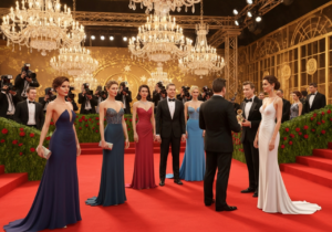 Celebryta odbiera nagrodę na czerwonym dywanie podczas prestiżowej gali z fotografami w tle.