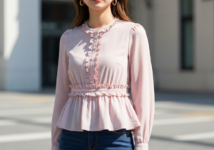 Młoda kobieta w bluzce z falbanami o dopasowanym kroju na rozmytym miejskim tle