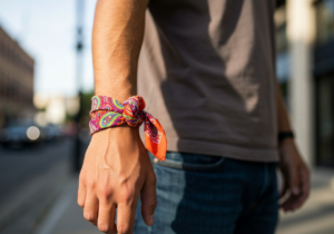 Zbliżenie na nadgarstek z kolorową bandaną, naturalne światło, rozmyte miasto w tle.