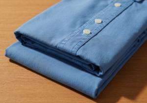 Zbliżenie na starannie złożoną niebieską koszulę na drewnianym stole w naturalnym świetle