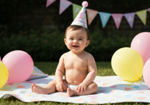 Szczęśliwe roczne dziecko na kolorowym kocu urodzinowym z balonami na tle zielonego ogrodu