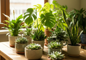 Różne rośliny doniczkowe na drewnianym stole w jasnym, naturalnym oświetleniu wnętrza