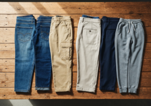 Różne style spodni ułożone na drewnianym stole widok z góry naturalne światło