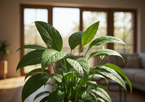 Zdjęcie zielonej zielistki na tle jasnego, nowoczesnego wnętrza z naturalnym światłem i kroplami wody na liściach